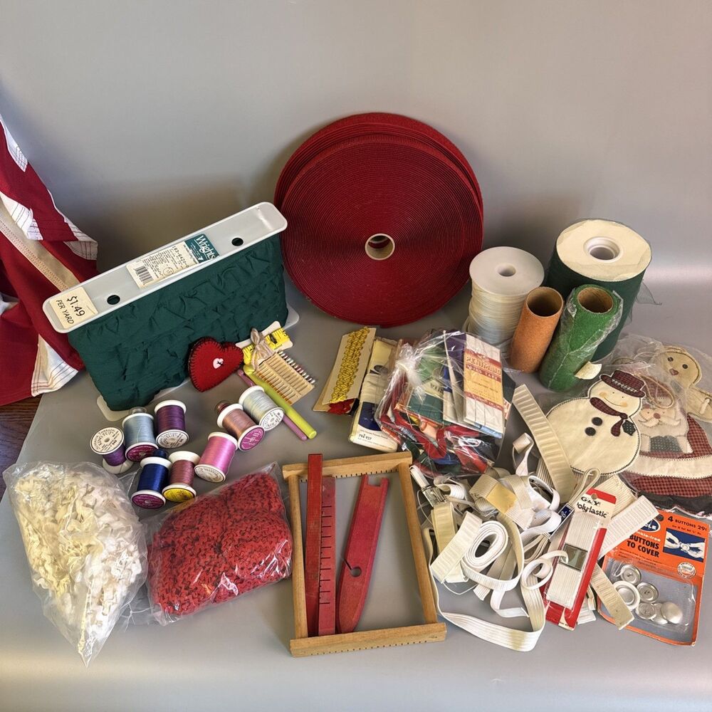 Sewing Accessories Lot Thread Ruffle Elastic Bias Tape Loom - some bulk stuff